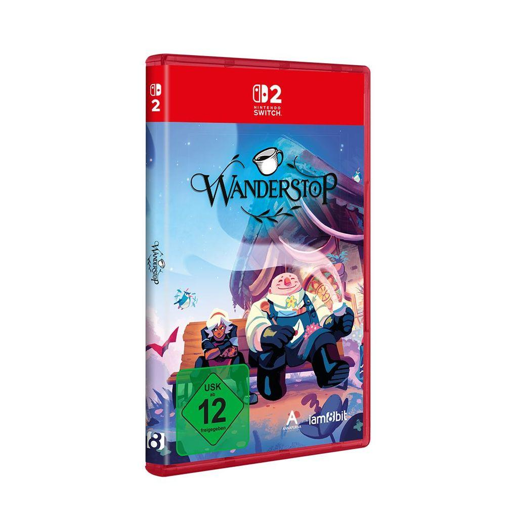 Nintendo Switch Spiel 'Wanderstop' mit USK 12 Freigabe und Cartoon-Figuren.