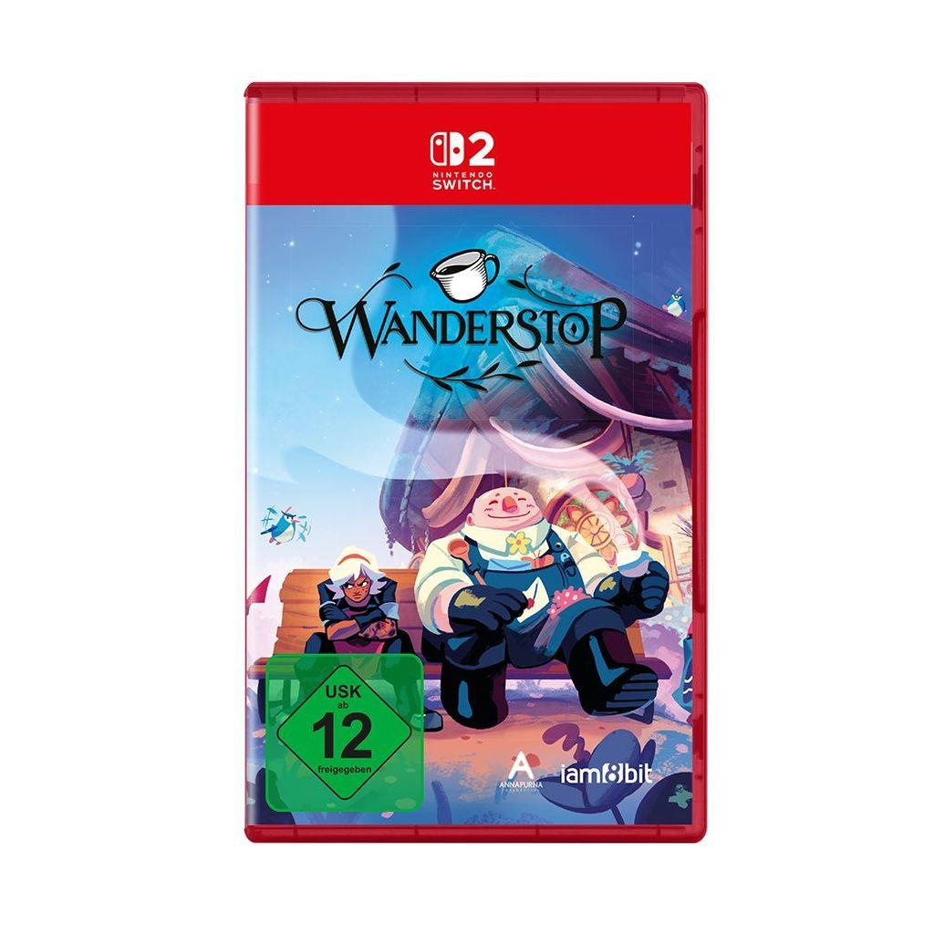Nintendo Switch-Spielecover für Wanderstop. Zeigt Charaktere und ein Gebäude.