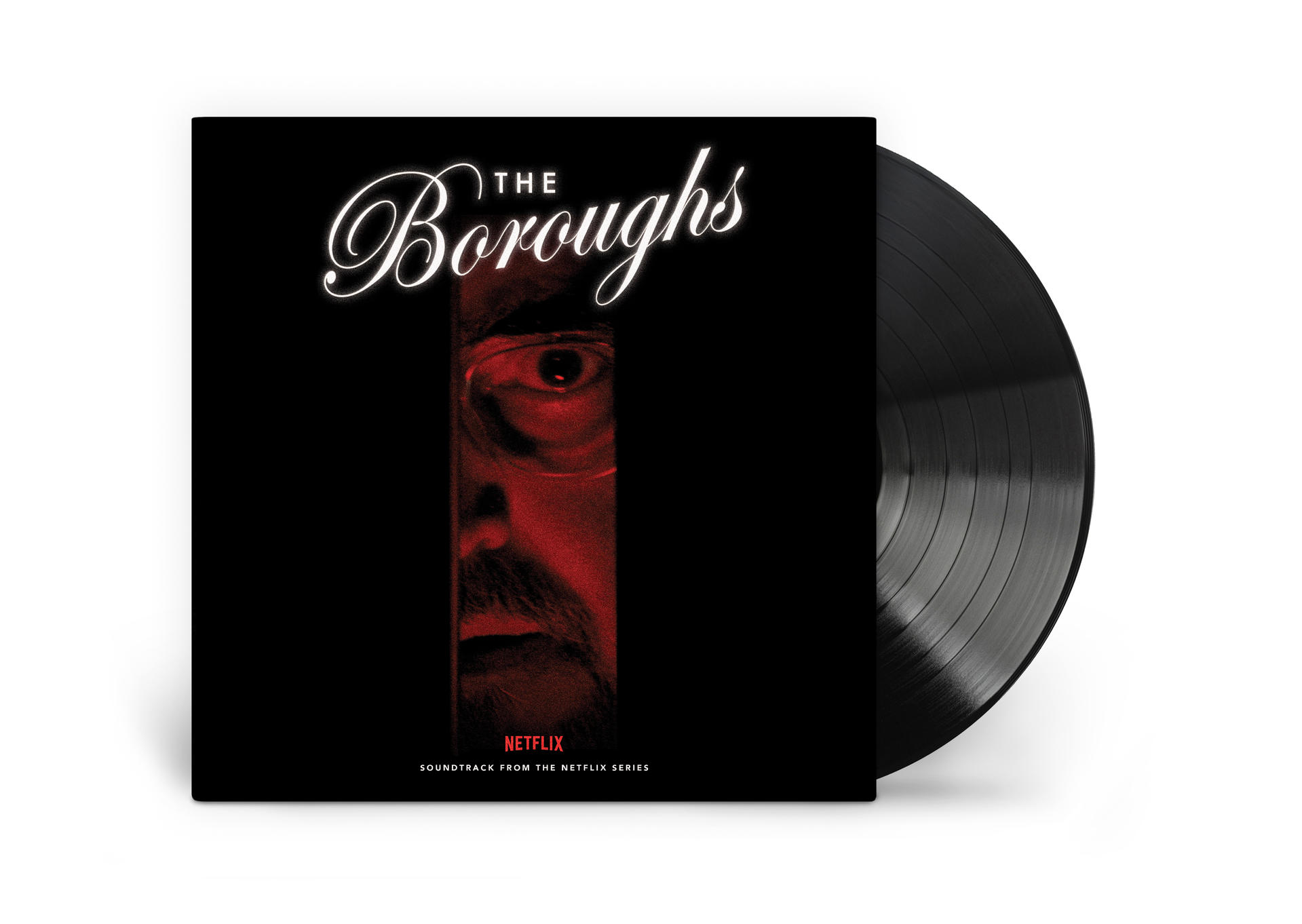 Schwarze Schallplatte mit dem Cover "The Burroughs" und Netflix-Logo.