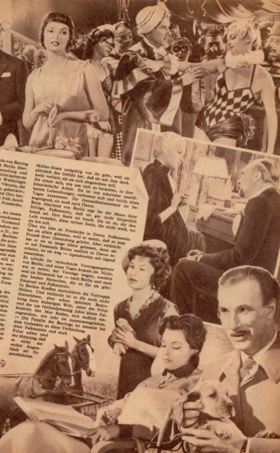 Collage mit Filmszenen: Frauen in Kostümen, Mann mit Turban, Frau mit Hund.