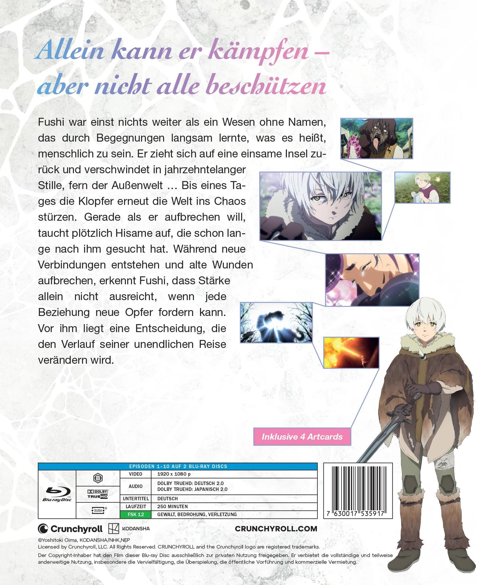 Anime Blu-ray Cover mit Text und Bildern von Charakteren, sowie technischen Daten.