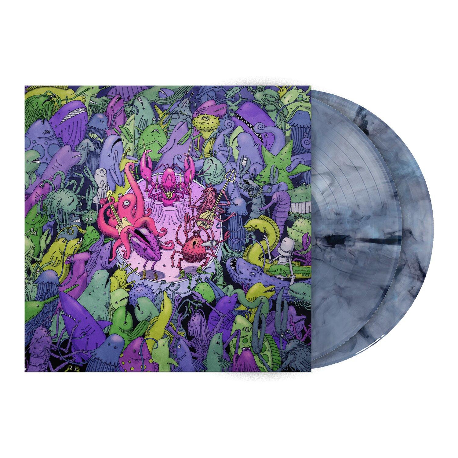 Bunte Vinyl-Schallplatte mit Cover voller fantasievoller Meereswesen.