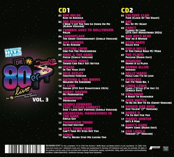 Rückseite eines Albums mit Titellisten für CD1 und CD2 der "Die 80er live"-Serie.