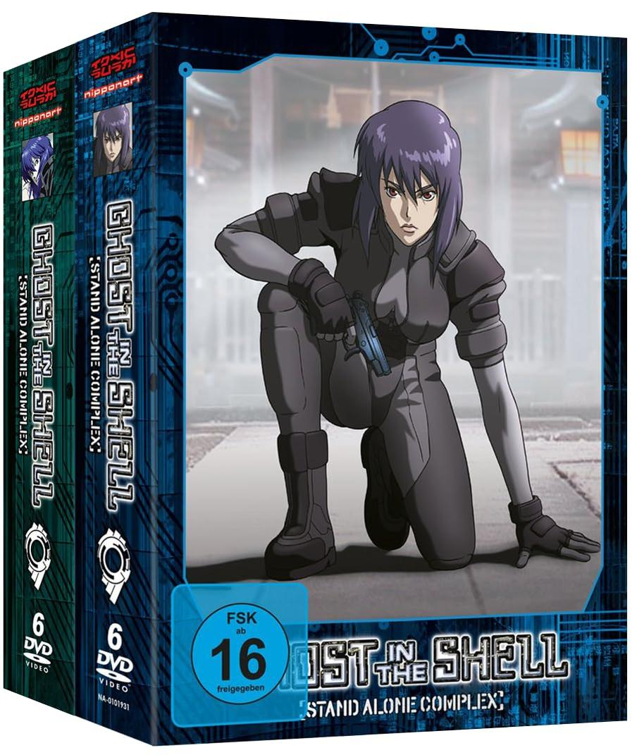 Ghost in the Shell DVD Box mit Major Motoko Kusanagi, die eine Waffe hält.