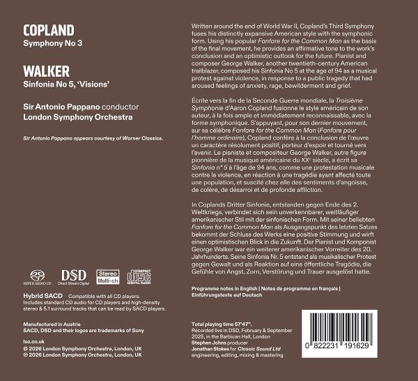 Cover mit Musikprogrammdetails: Copland Sinfonie Nr. 3, Walker Sinfonia Nr. 5.
