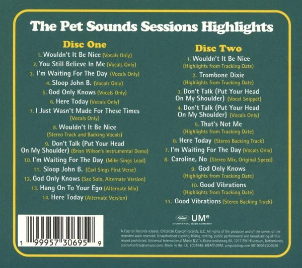 Rückseite des Albums 'The Pet Sounds Sessions Highlights' mit Songlisten für Disc One und Disc Two.