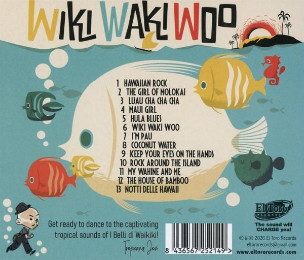 Albumcover mit Comic-Stil, Fischen, Palmen und Songliste für 'Wiki Waki Woo'.