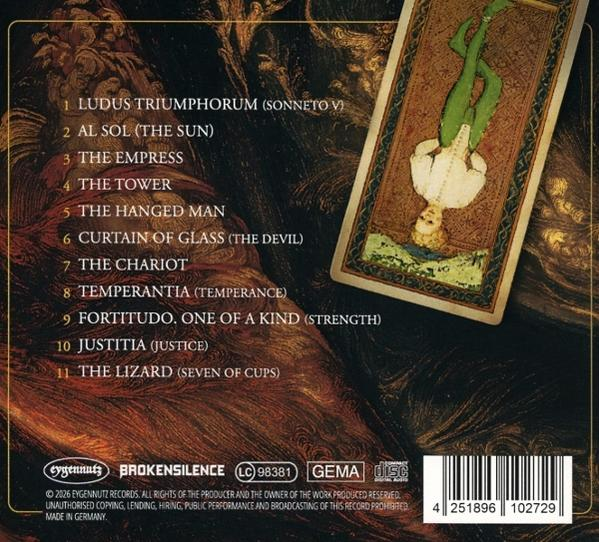 CD-Rückseite mit Trackliste und Tarotkarte 'Der Gehängte Mann'.