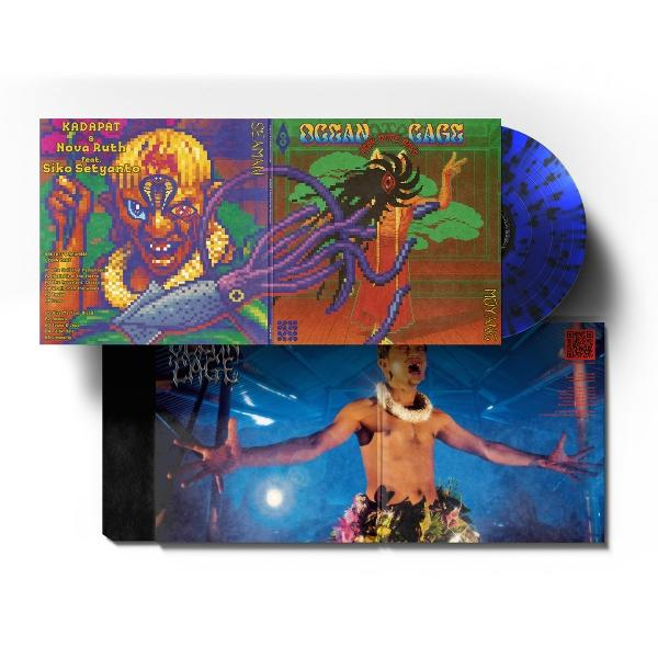 Albumcover mit pixeligen Figuren und einem Tintenfisch, neben einer blau gesprenkelten Platte.
