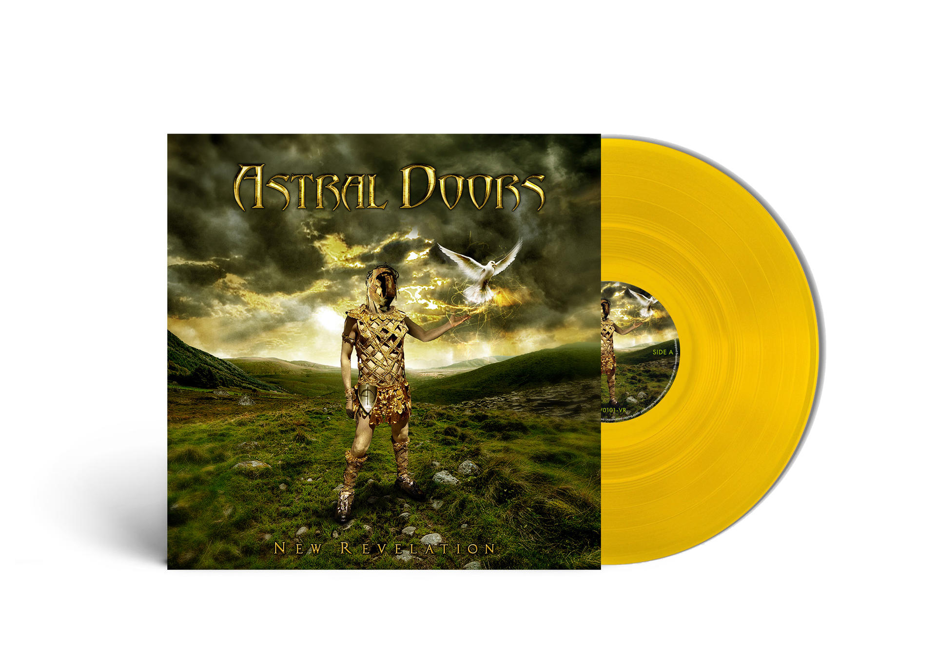 Gelbes Vinyl-Albumcover mit Krieger und Taube vor dramatischer Wolkenkulisse.