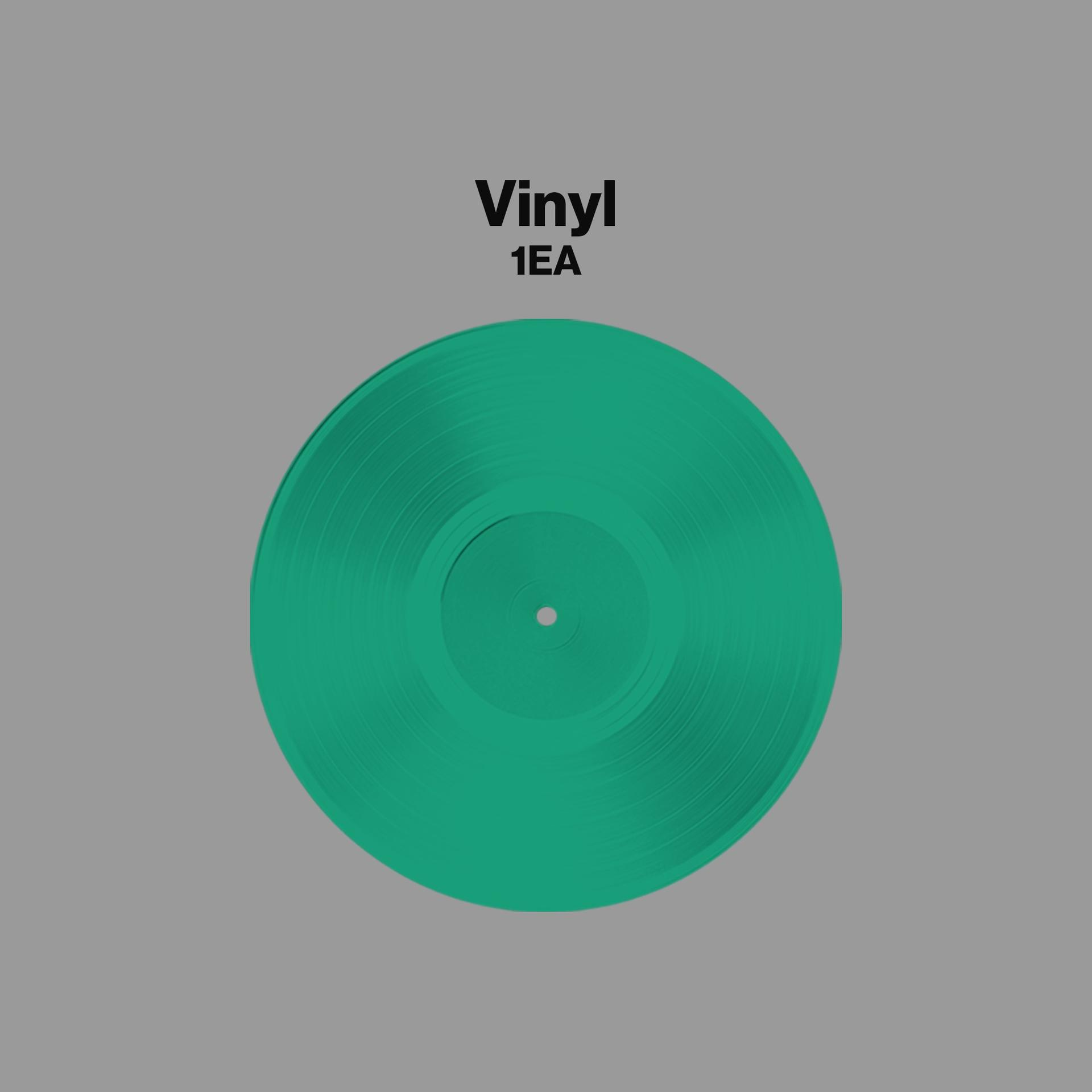 Grüne Schallplatte mit Text 'Vinyl 1EA' auf grauem Hintergrund.