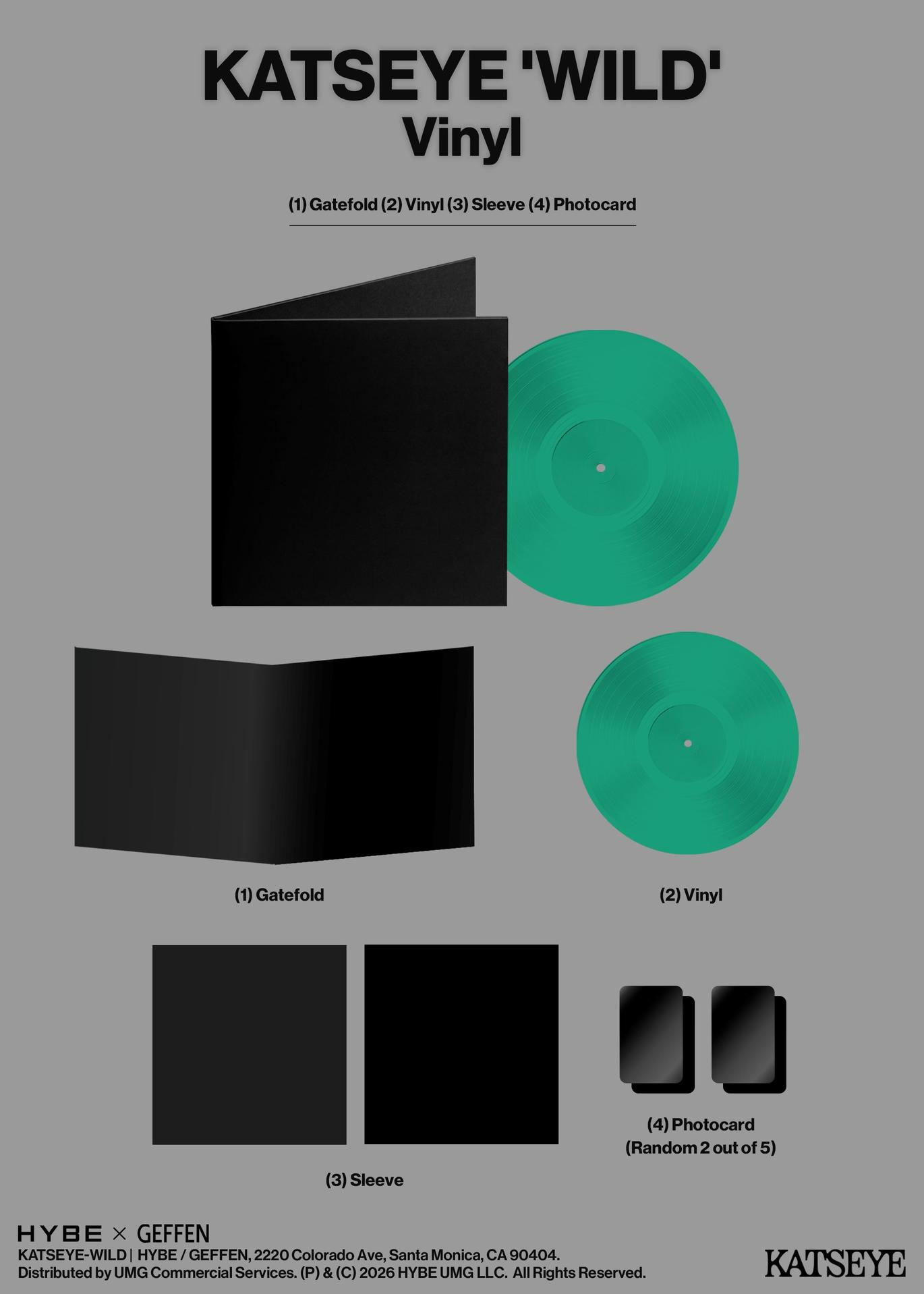 Schwarzer Gatefold, 2 grüne Vinyls, 2 schwarze Hüllen, 2 Fotokarten.