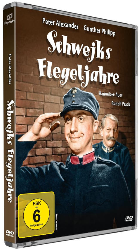 DVD-Cover: Mann in Uniform salutiert, Backsteinwand, Titel „Schwejks Flegeljahre“.