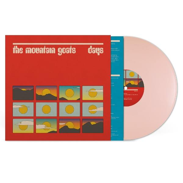 Ein rosafarbener Vinyl-Schallplattencover mit Sonnenuntergangsbildern und Bandnamen.