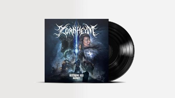 Albumcover von „Descending Into Madness“ von Zornheym, zeigt eine dunkle, chaotische Szene.