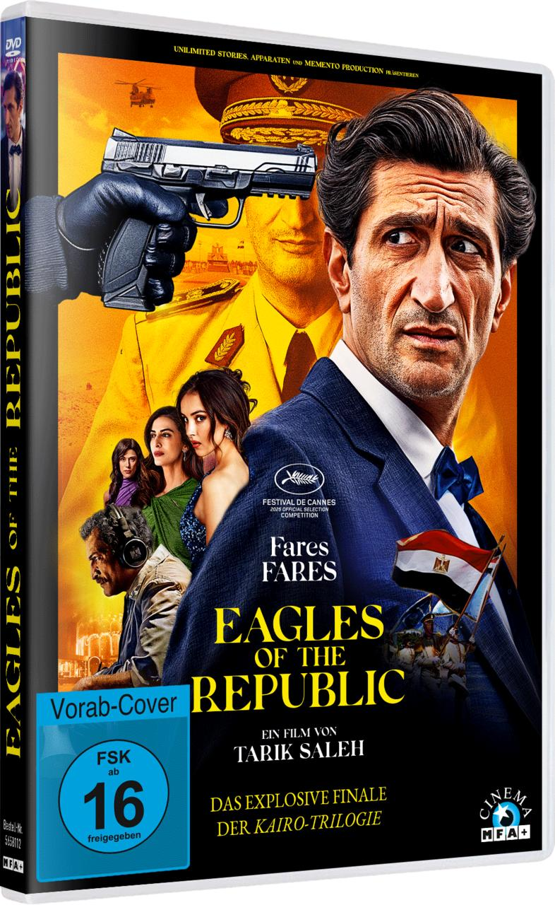 Ein Mann zielt mit einer Pistole auf eine Gruppe von Menschen vor einer Explosion. Filmplakat.