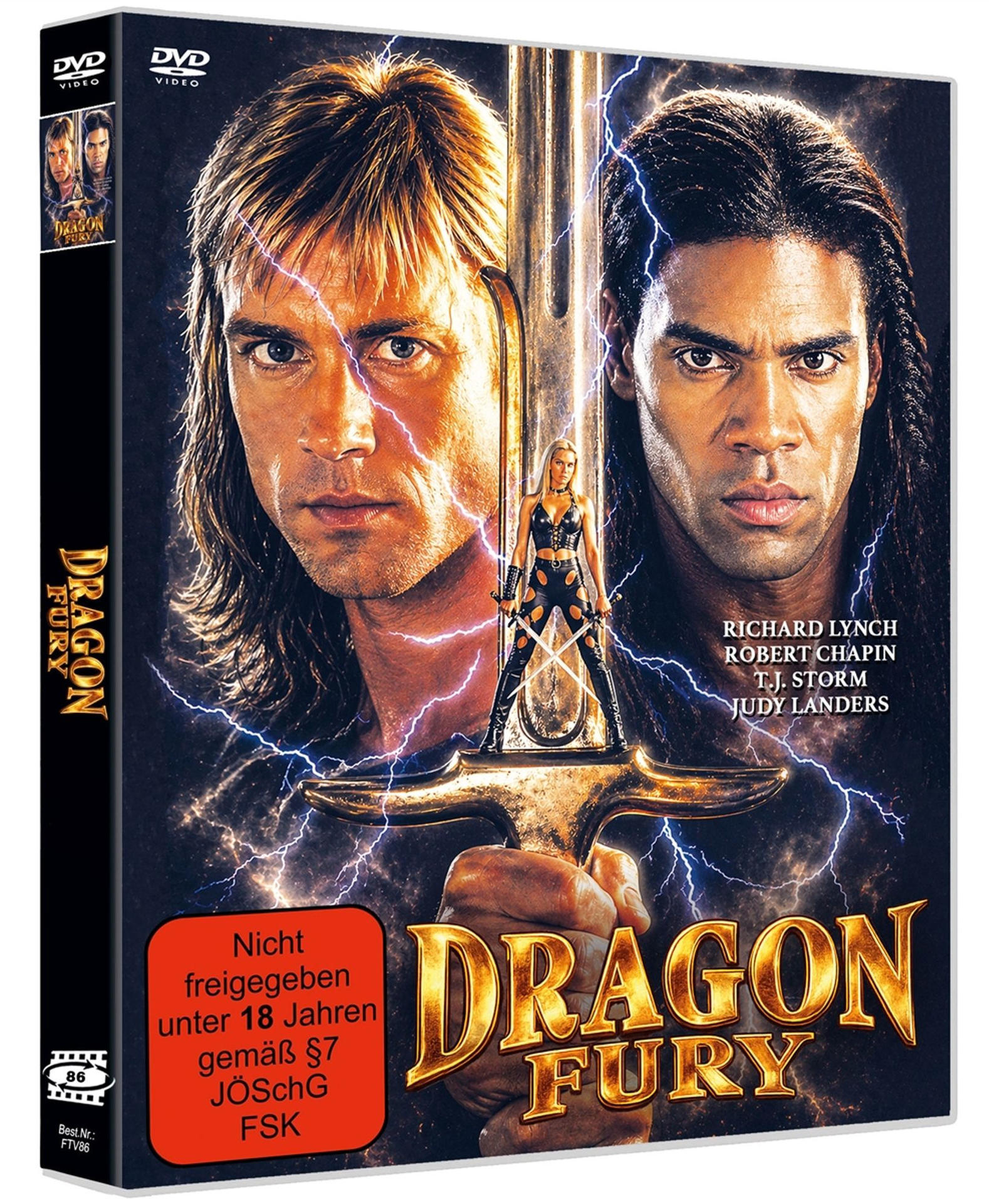 DVD-Cover: Mann hält Schwert, zwei Männer & Frau im Hintergrund, Blitze.