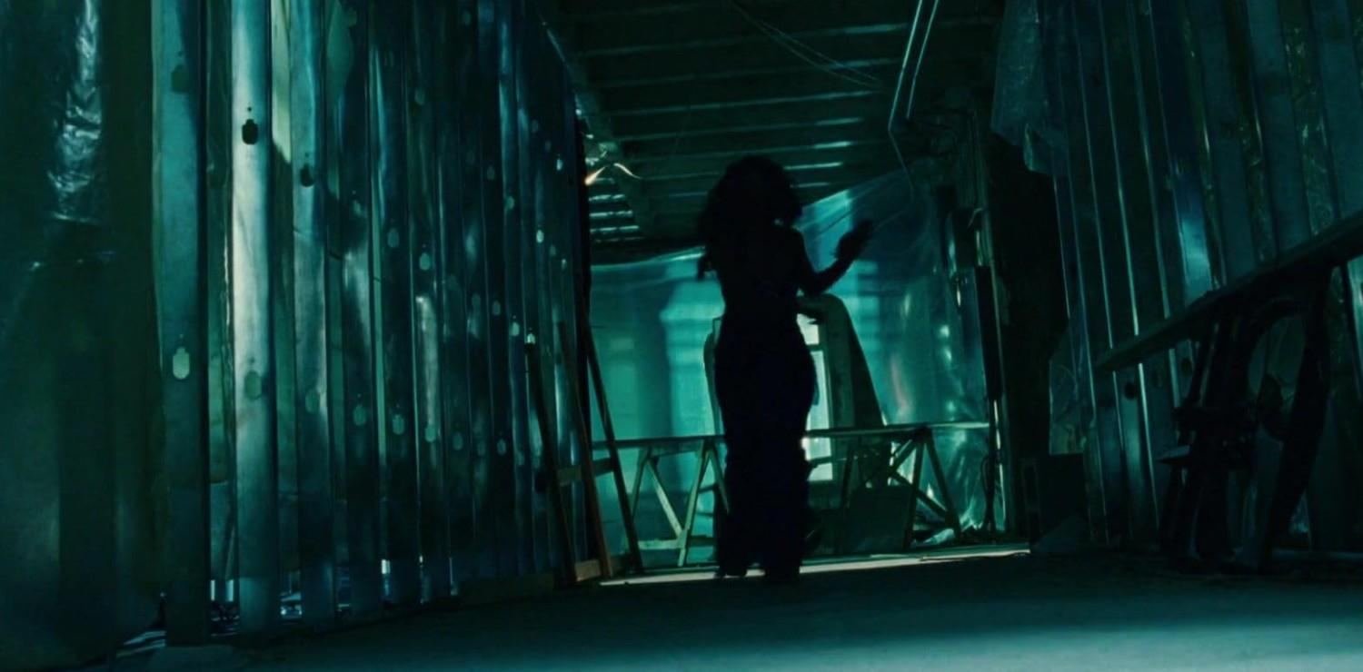 Silhouette einer Frau in einem langen Kleid vor einer blau getönten Wand aus vertikalen Paneelen.