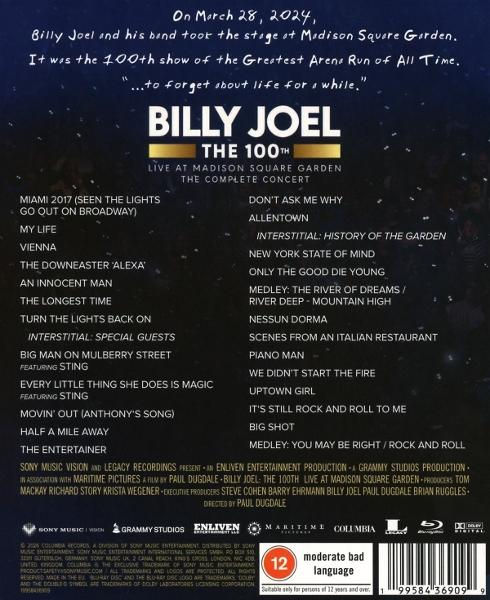 Billy Joel "The 100th" Blu-ray-Hülle mit Songliste und Details zum Konzert.