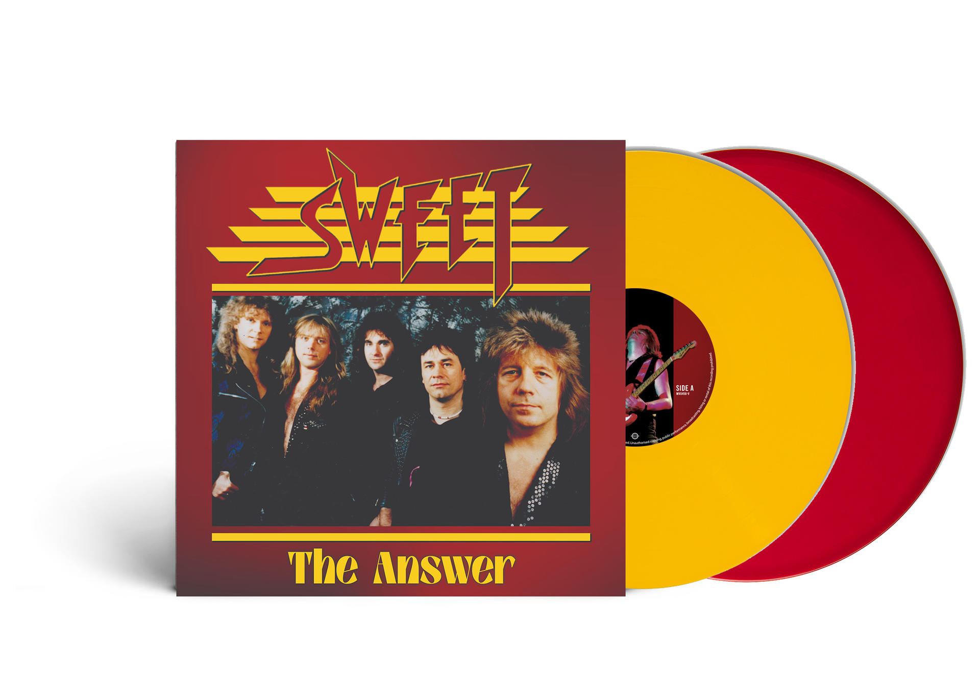 Albumcover mit Bandfoto, Bandlogo und zwei Schallplatten in Rot und Gelb.
