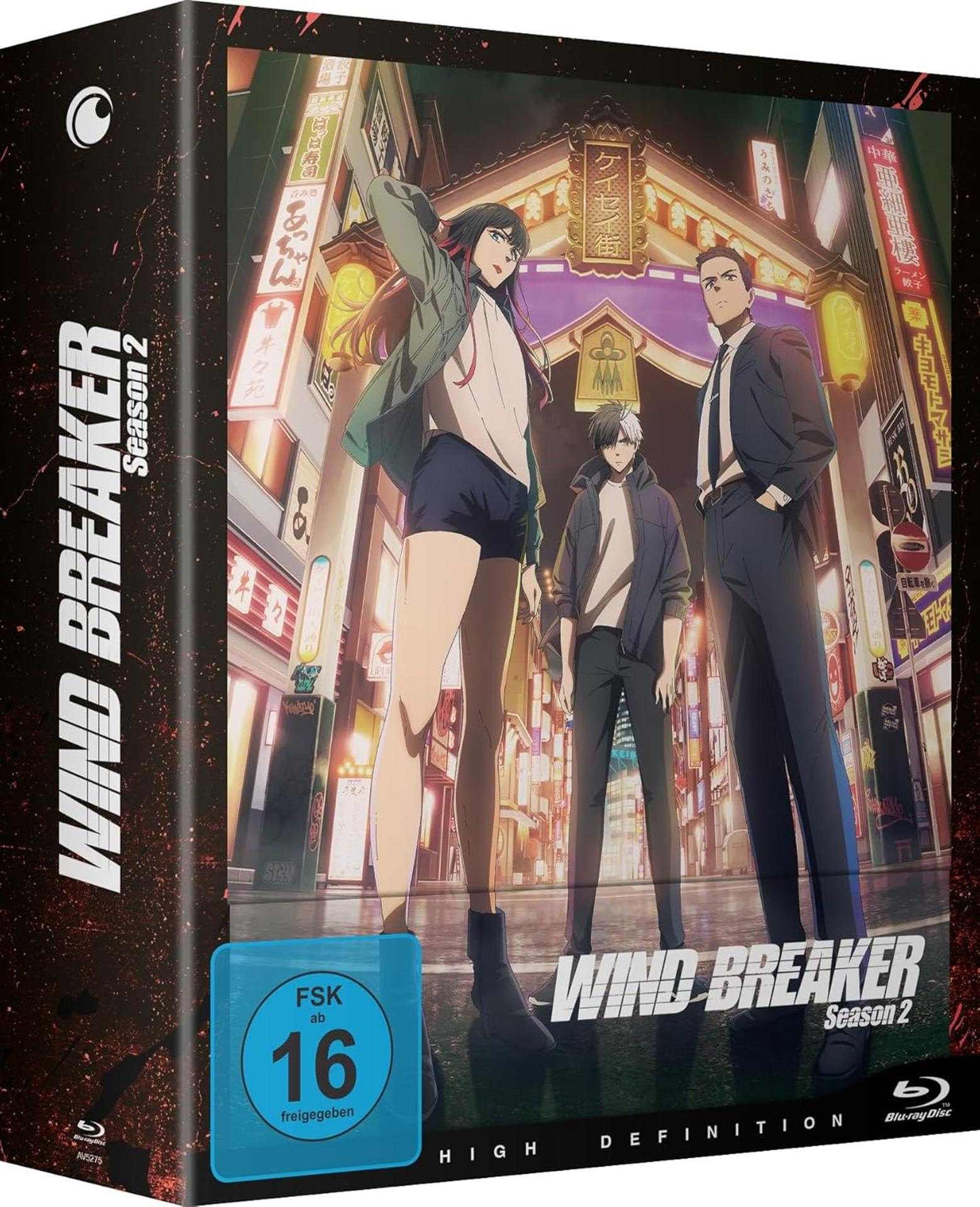 Anime-Box mit drei Charakteren auf einer belebten Straße bei Nacht. "Wind Breaker Season 2".