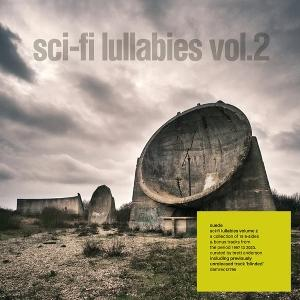 Alte Satellitenschüssel unter bewölktem Himmel, Text "sci-fi lullabies vol.2"