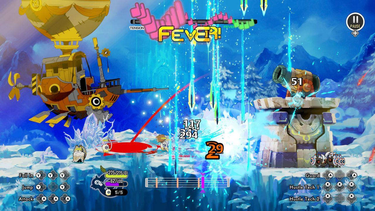 Ein Spiel im Kampf: Ein Luftschiff, ein Charakter, Kanonen und blaue Energieeffekte.