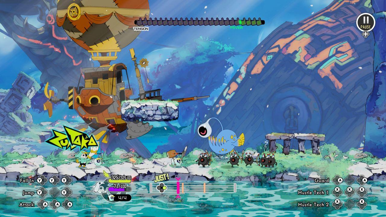 Ein Comic-Spiel mit Charakteren, einem Luftschiff und Monstern in einer blauen Landschaft.