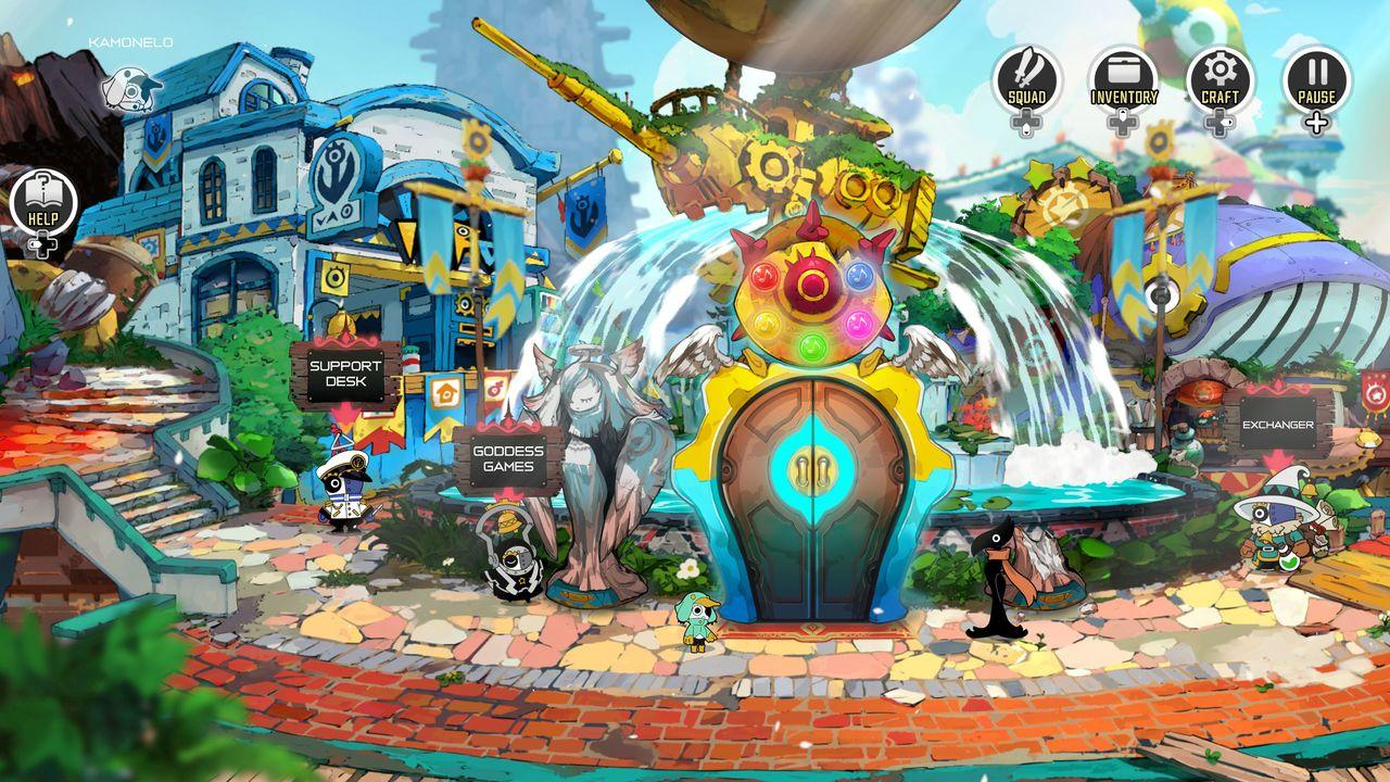 Bunte Fantasiewelt mit Gebäuden, Wasserfällen, Charakteren und Spielmenüs.