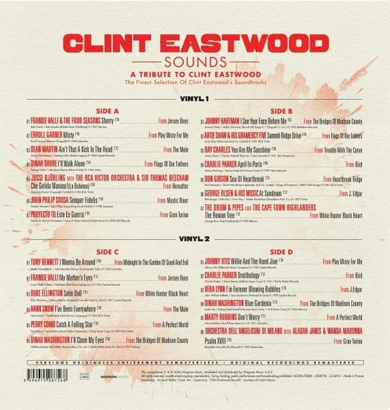 Albumcover mit rotem Titel 'Clint Eastwood Sounds' und Trackliste.