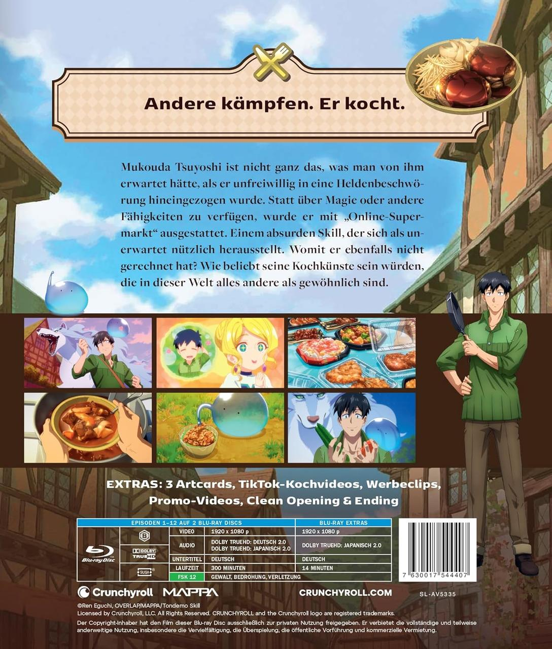 Anime-Blu-ray-Cover mit Charakteren, Essen und Text auf Deutsch.