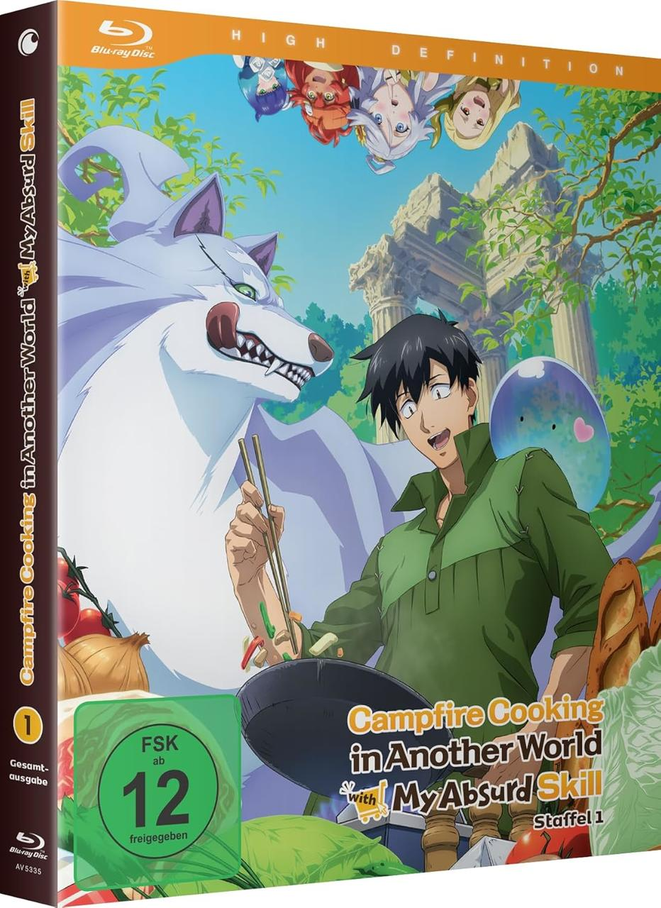 Anime-Cover: Mann kocht mit Wolf und Feen, Ruinen im Hintergrund.