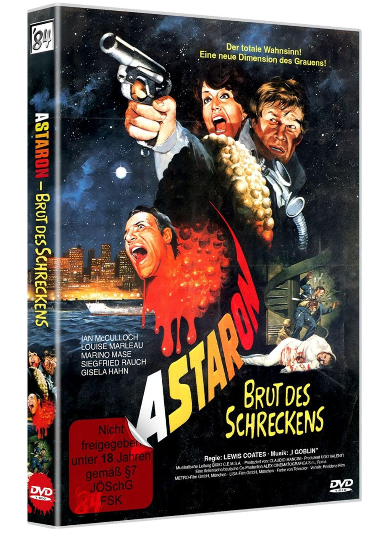Ein DVD-Cover mit einem Weltraum-Horrorfilm: Menschen schreien, eine Frau hält eine Pistole.