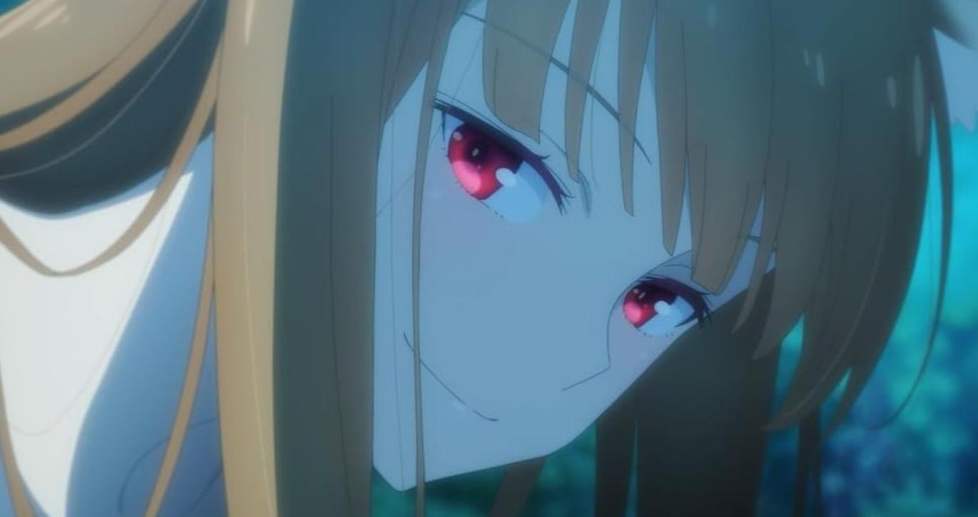 Anime-Mädchen mit braunen Haaren und leuchtend roten Augen blickt von der Seite.