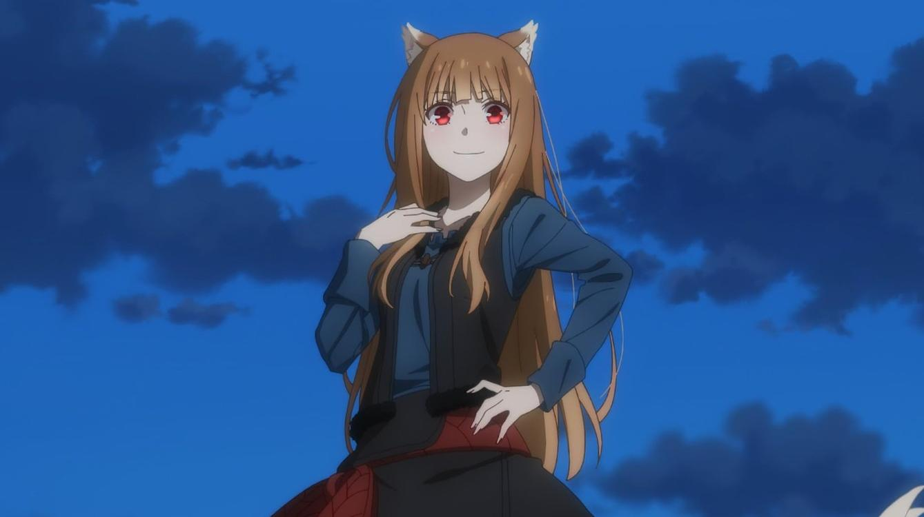 Anime-Mädchen mit braunen Haaren, roten Augen und Wolfsohren steht vor blauem Himmel mit Wolken.