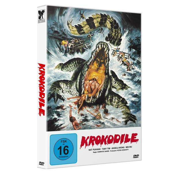 Ein riesiges Krokodil schnappt nach Menschen im Wasser, mit Wellen und Booten im Hintergrund.
