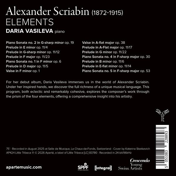 Albumcover mit Alexander Scriabins Klavierwerk. Liste der Stücke von Daria Vasileva.