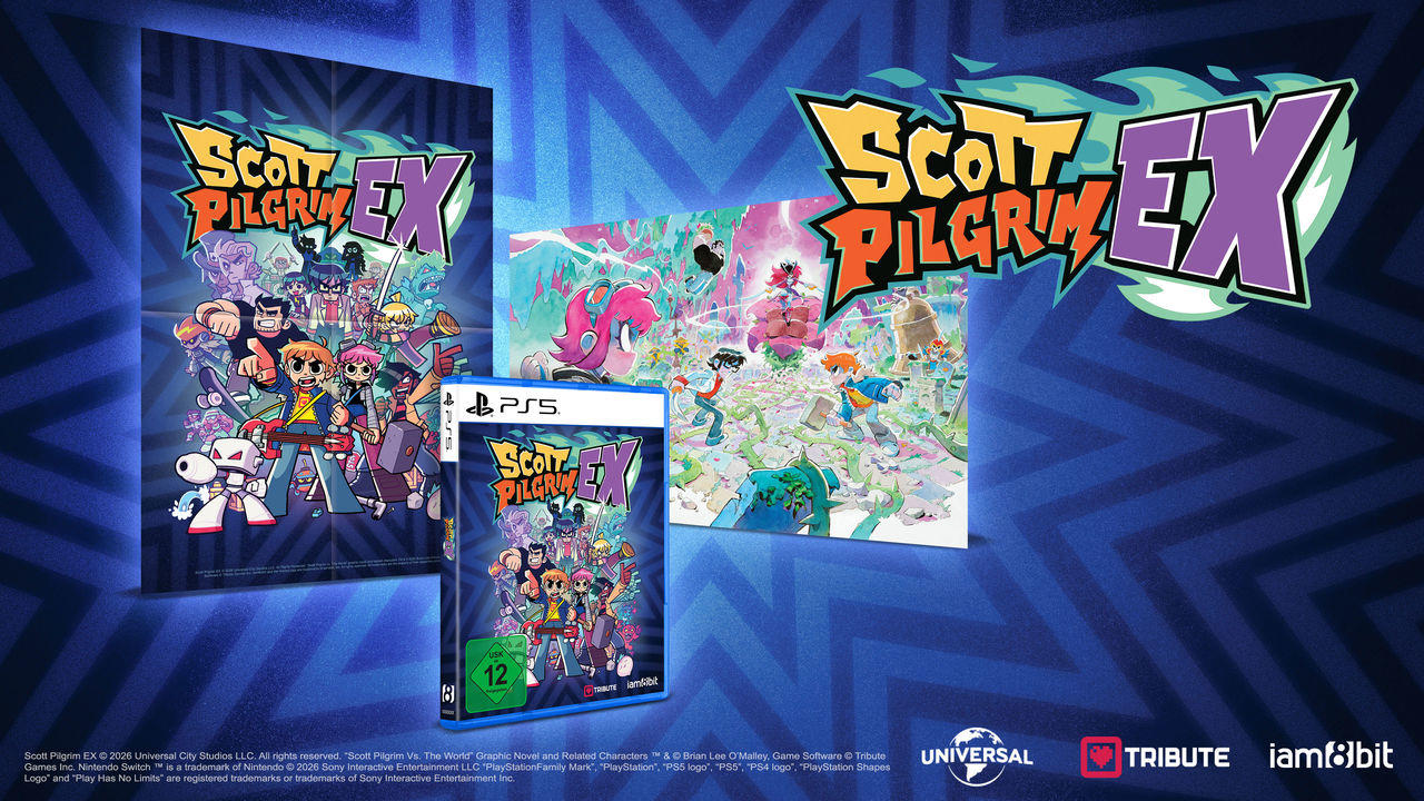 Scott Pilgrim EX PS5-Spiel mit Charakteren und Logo auf blauer Kulisse.