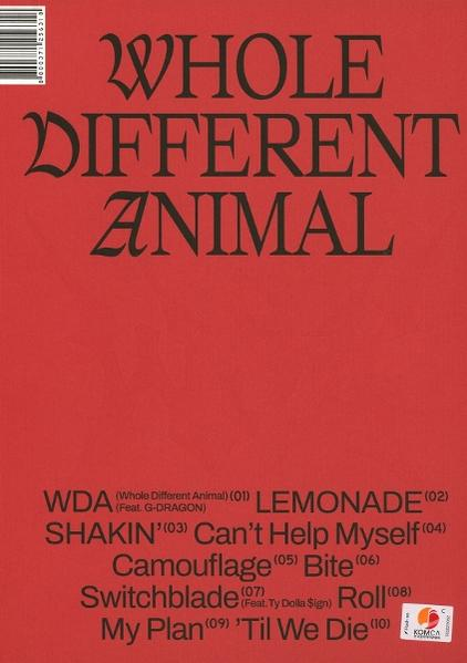 Roter Hintergrund mit schwarzem Text: "WHOLE DIFFERENT ANIMAL" und Liedliste.