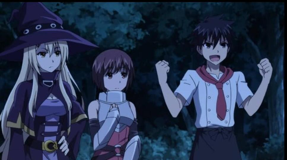 Drei Anime-Charaktere stehen im Wald. Eine trägt einen lila Hexenhut.