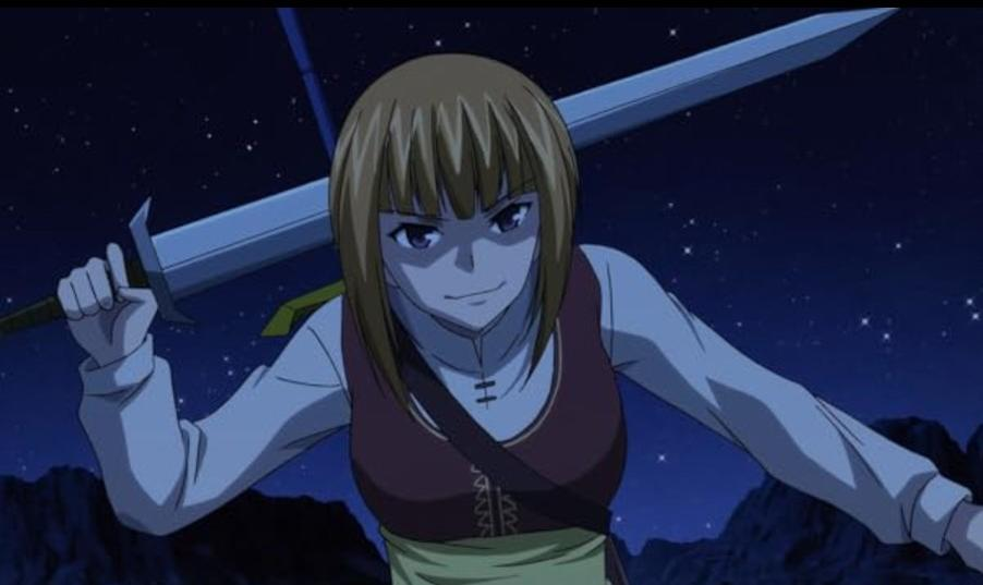 Eine Anime-Figur mit braunem Haar und einem Schwert über der Schulter im Sternenhimmel.