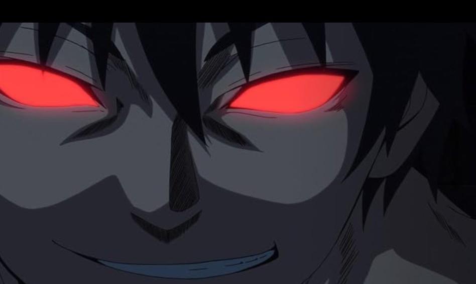 Anime-Charakter mit roten Augen und einem grinsenden Gesicht, dunkler Hintergrund.