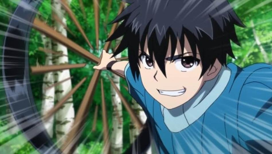 Ein Anime-Junge mit schwarzen Haaren zielt mit einem Bogen in einem Wald.