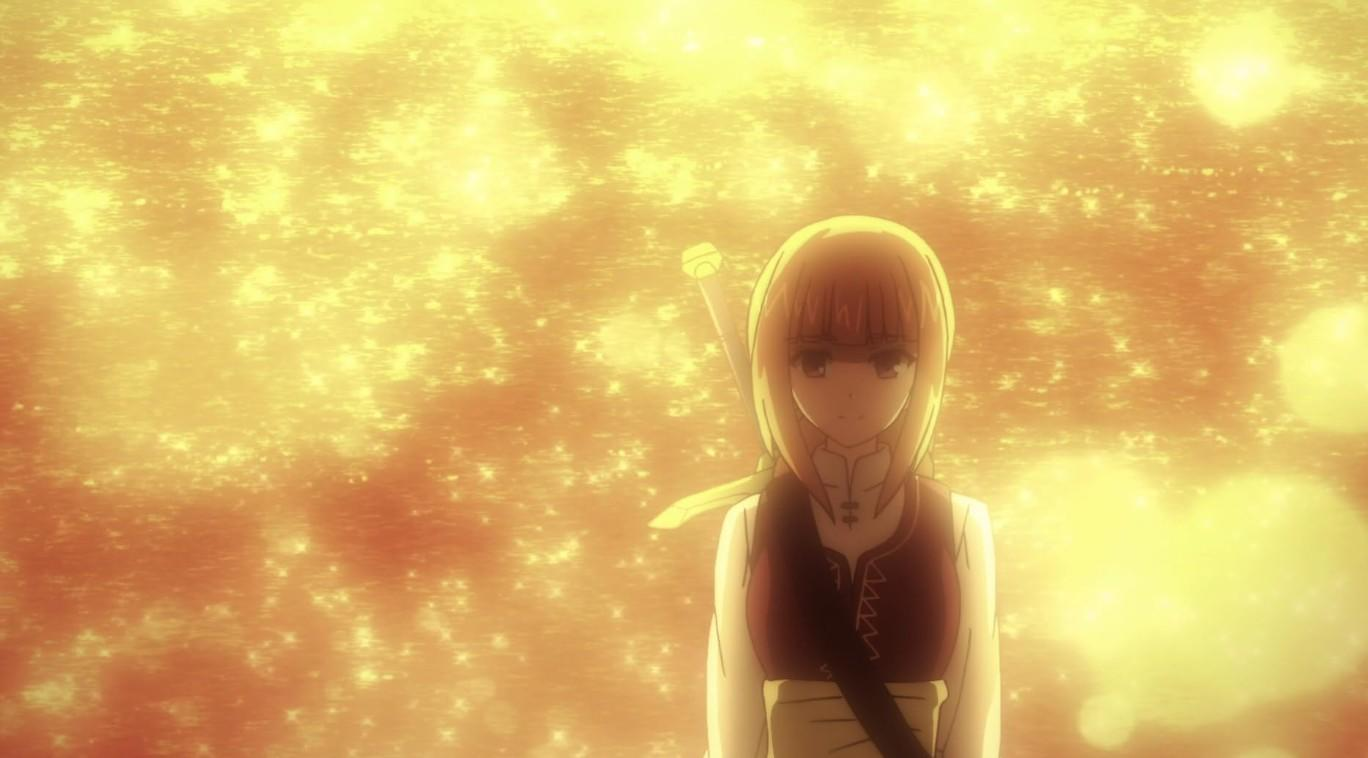 Ein anime-artiges Mädchen mit blonden Haaren und einem Schwert steht vor einem goldenen Hintergrund.