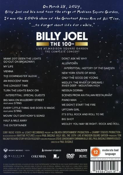 Rückseite eines Billy Joel Konzert-DVD-Covers mit Titelliste und Altersfreigabe.