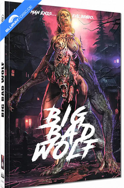 Horrorfilm-Cover: Werwolf-Kreatur mit menschlichen Überresten, unheimliche Villa im Hintergrund.