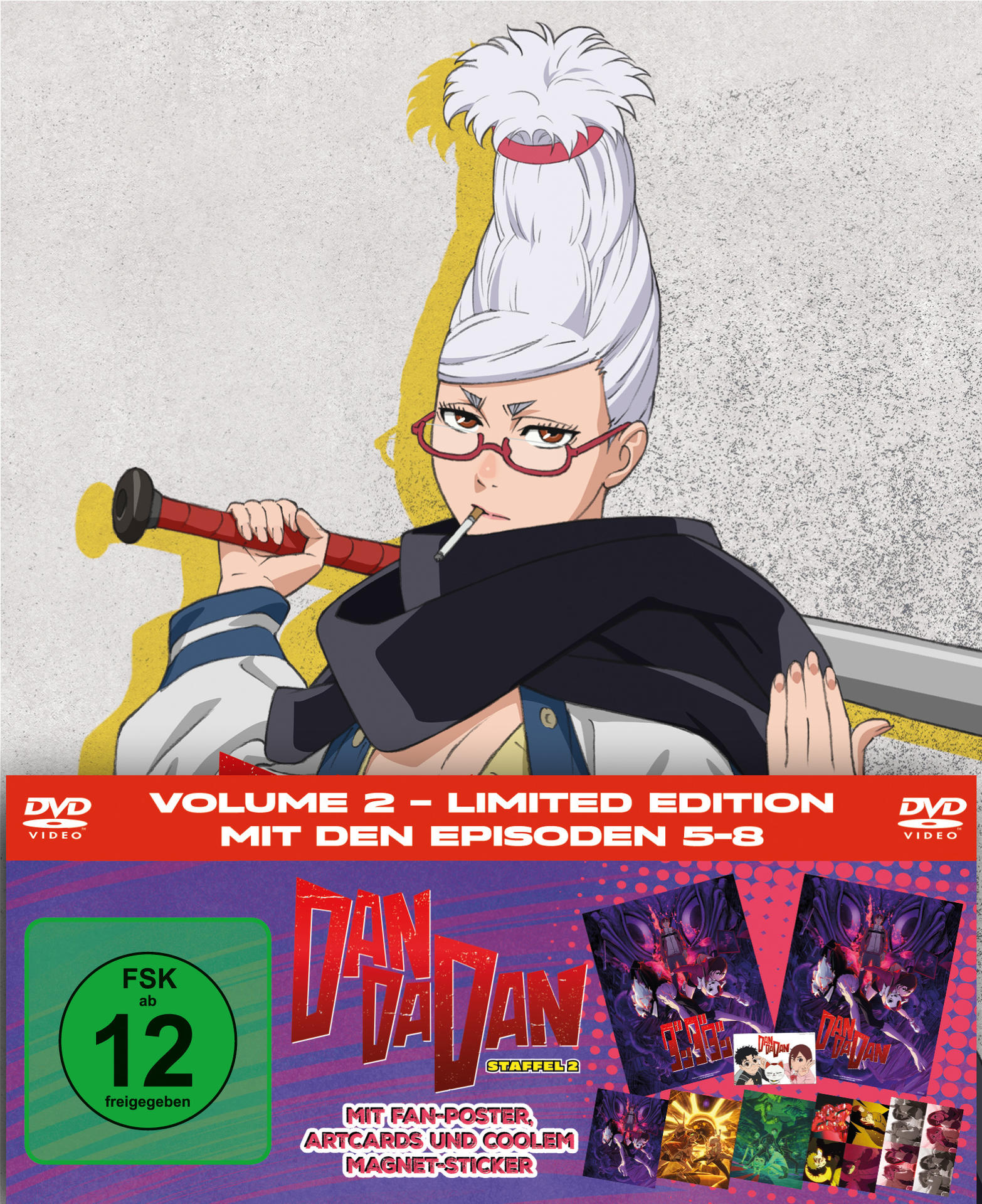 Anime-DVD-Cover: Frau mit weißem Dutt, Brille, hält Baseballschläger. Staffel 2.