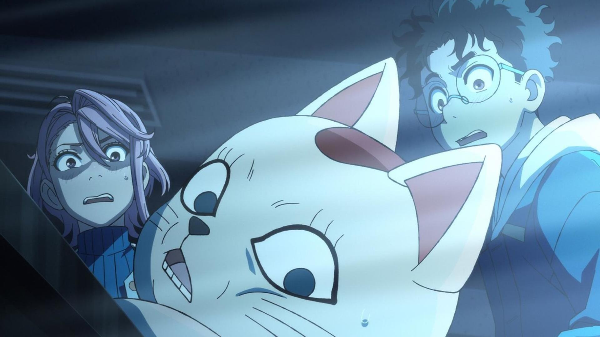 Drei Anime-Charaktere, ein Junge und zwei Mädchen, starren mit weit aufgerissenen Augen auf eine weiße Katze.