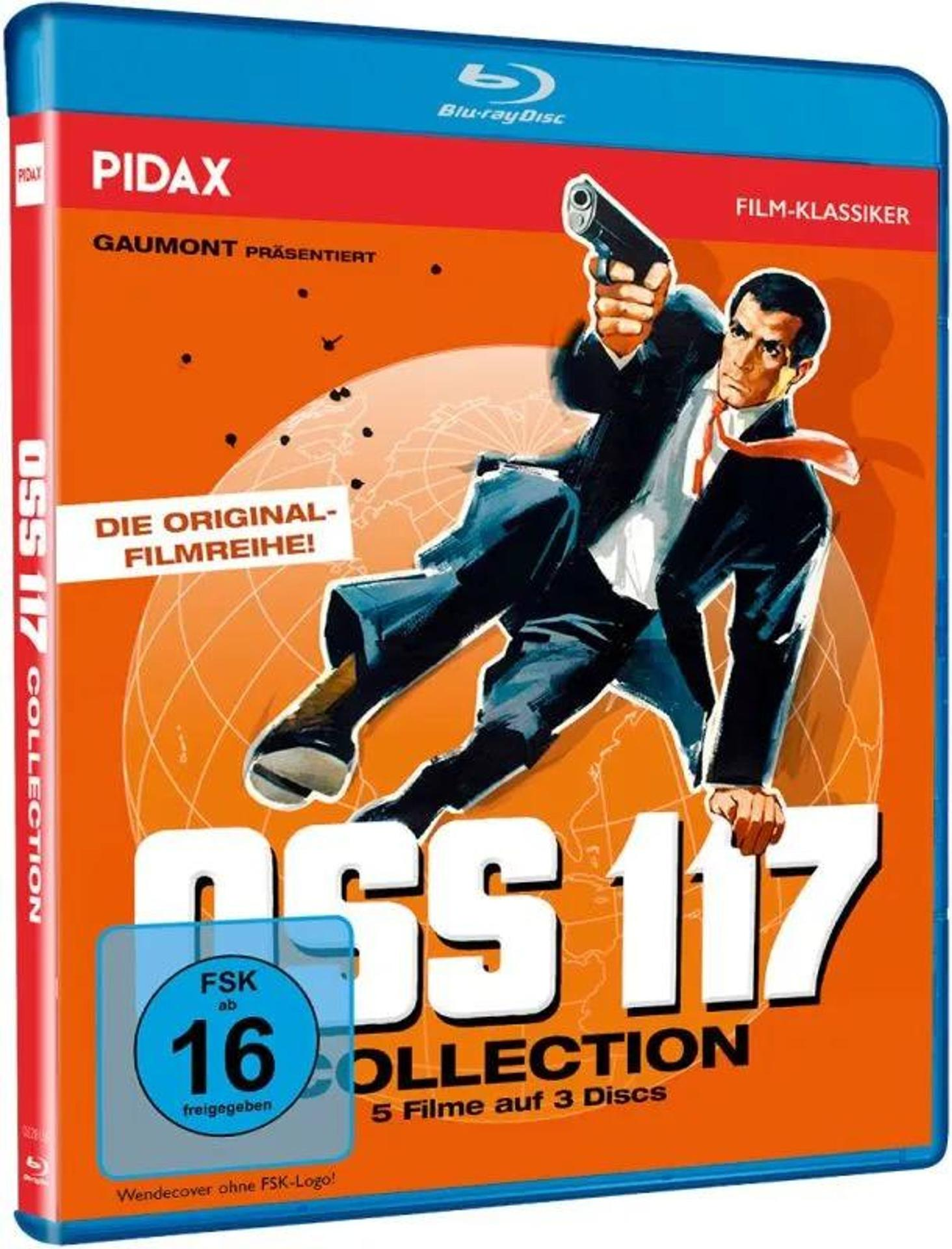 OSS 117 Blu-ray Hülle mit einem Mann in Anzug und Krawatte, der eine Pistole hält.