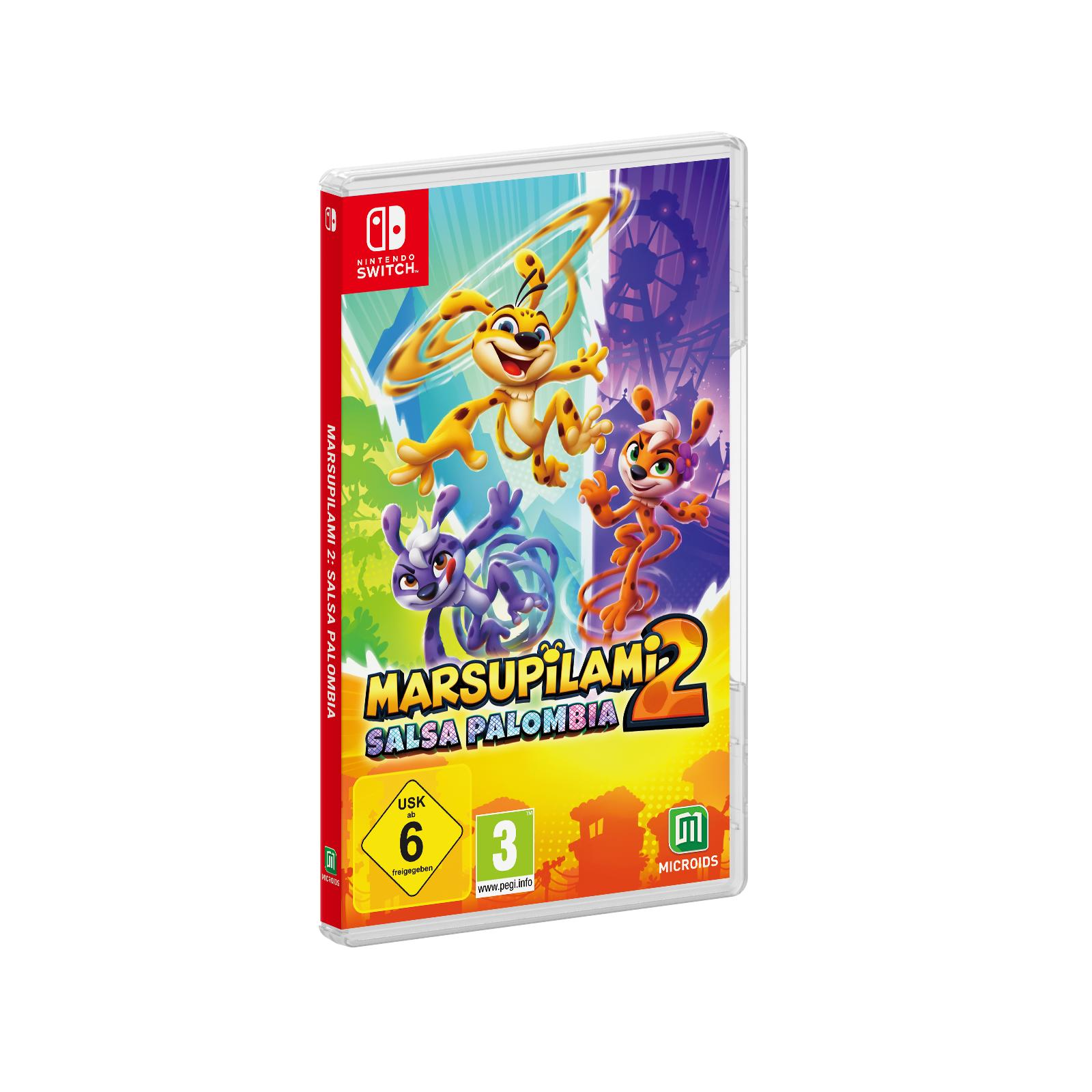 Nintendo Switch Spiel "Marsupilami 2" mit bunten Charakteren und Alterseinstufung.